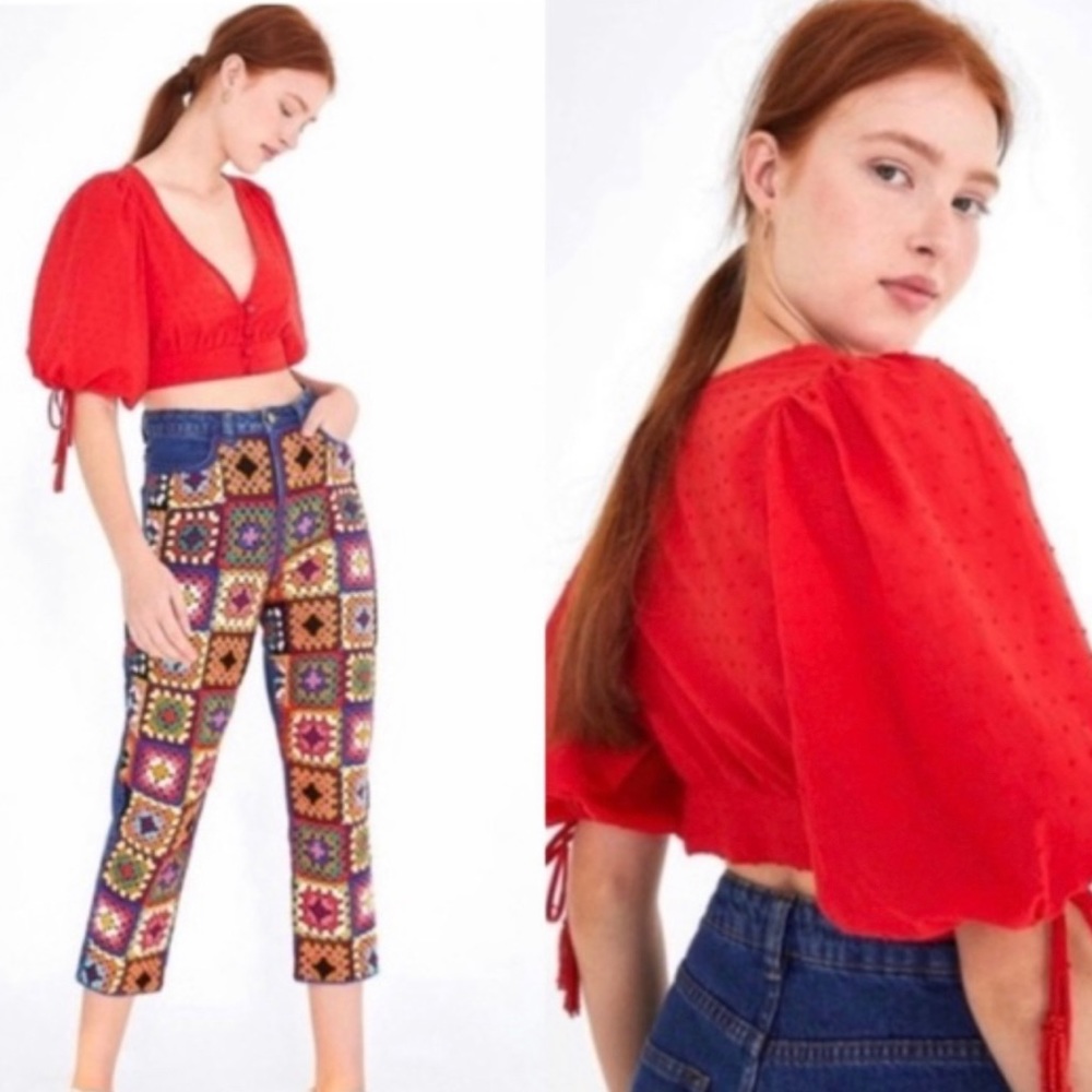 Farm Rio Anthropologie Lolita Crop Top In Red/ SIZE L